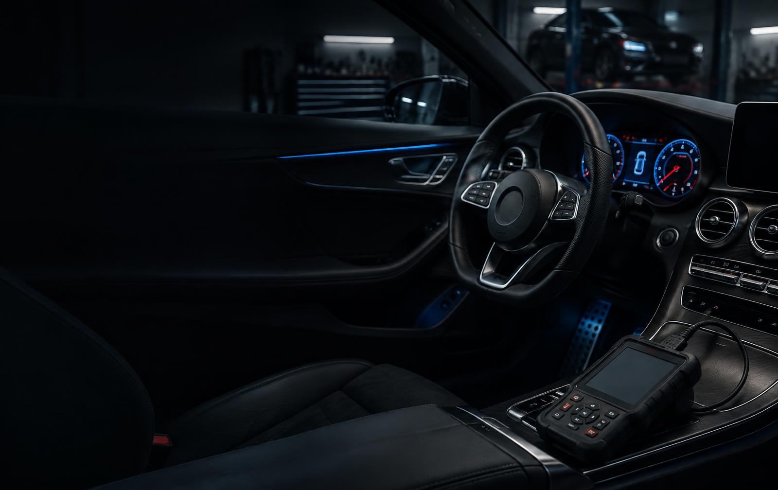 Professional diagnostic scanner connected inside a modern car